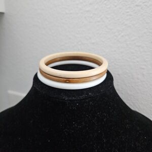 Set of‎ 3 Stackable Bracelets Natural Wood Beige White Round Bangle